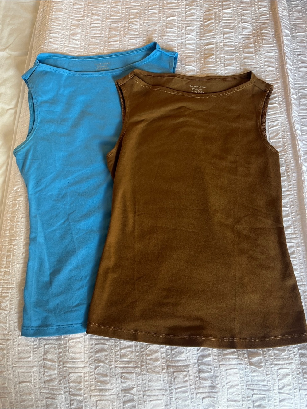 2 Trendy Queen Sleeveless Crewneck Tank Tops - Aqua Blue and Brown